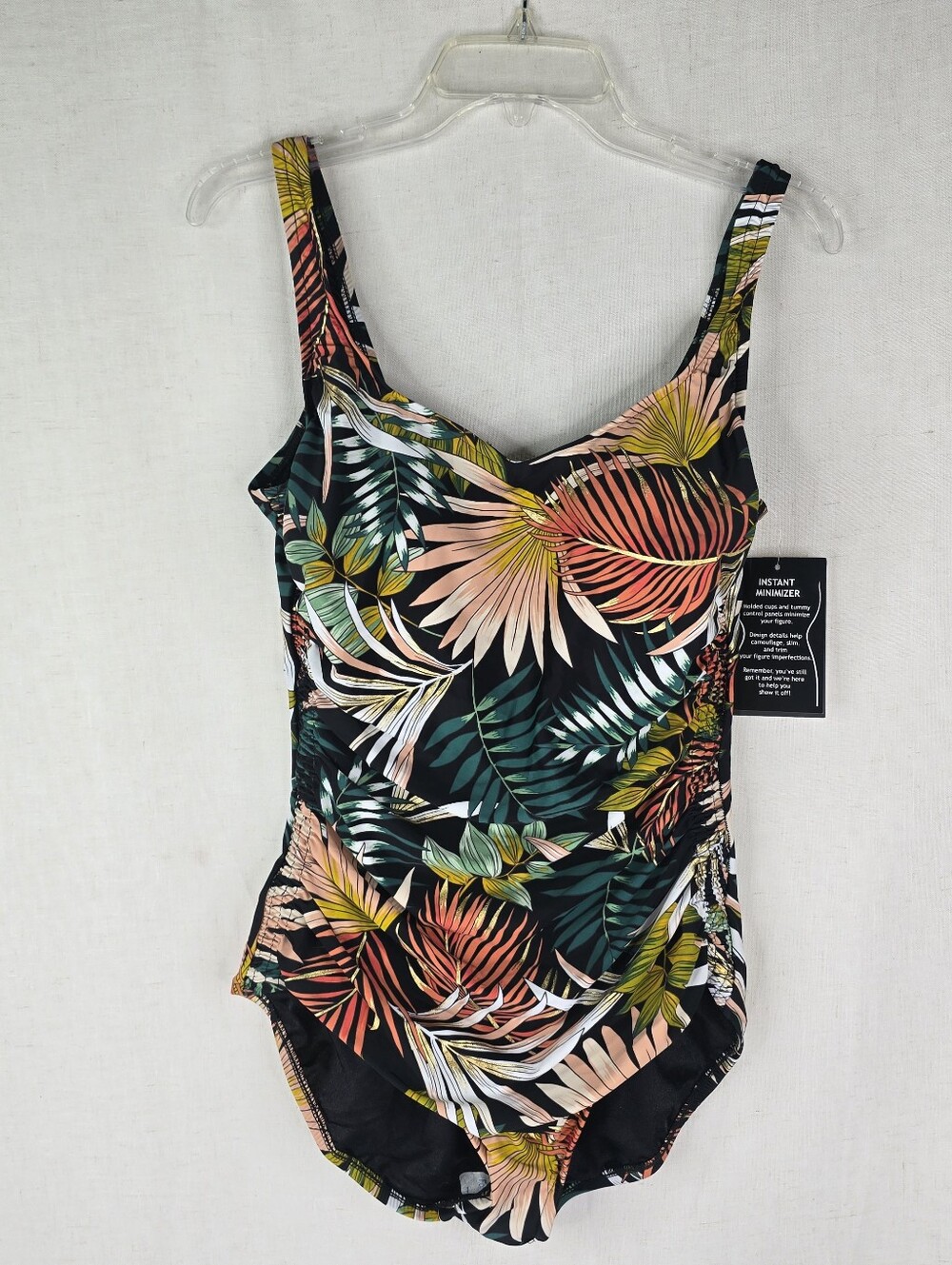 Maxine of Hollywood Womens Size 16 Shirred Front One piece Palms Fronds Black
